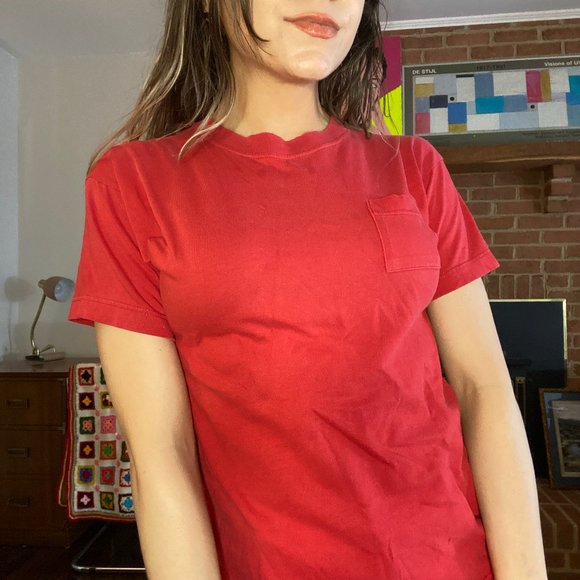 Vintage 90s Basically Nordstrom Blank Cherry Pocket Tee Soft Solid - Picture 2 of 9